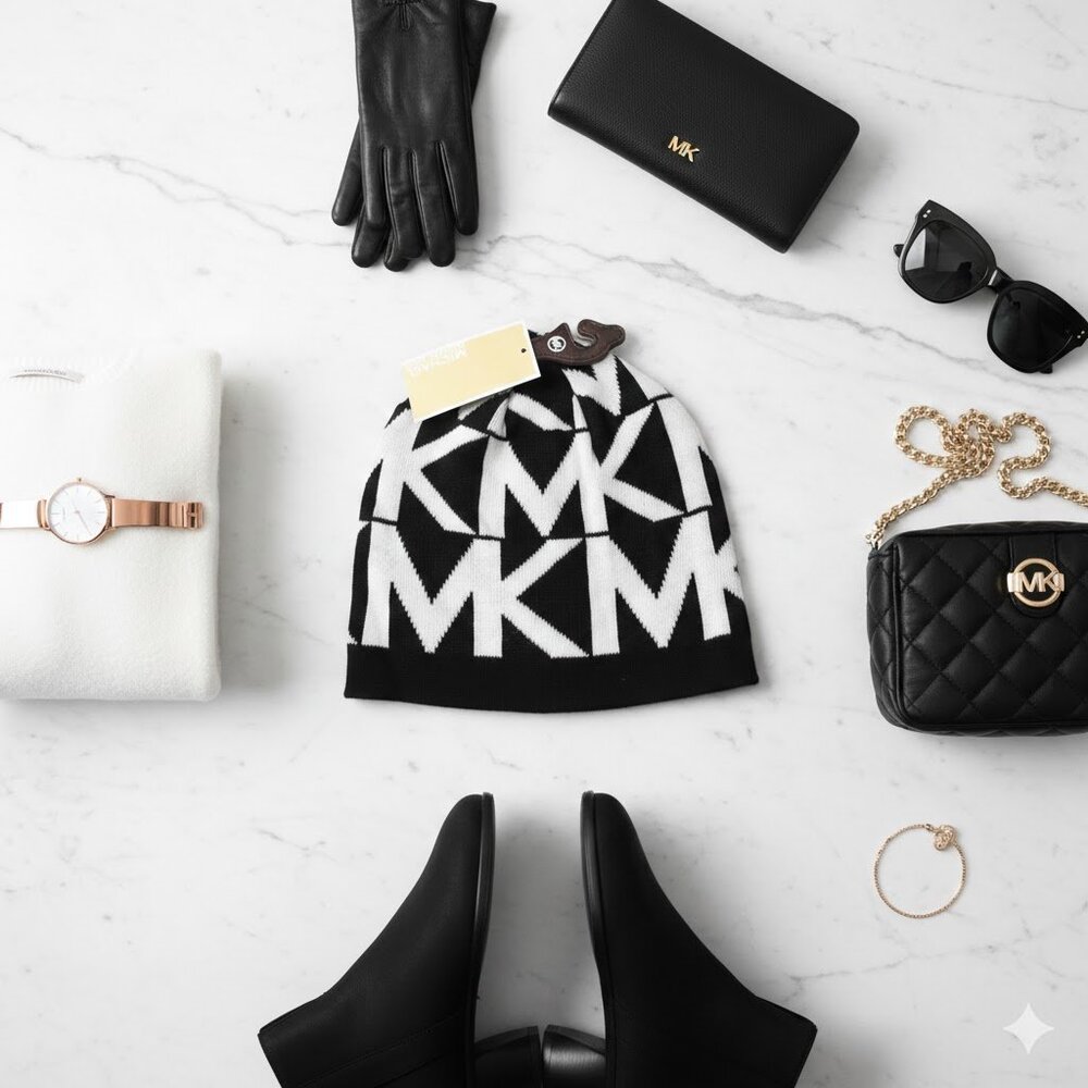 Michael Kors Black & White Logo Knit Beanie - Picture 12 of 12